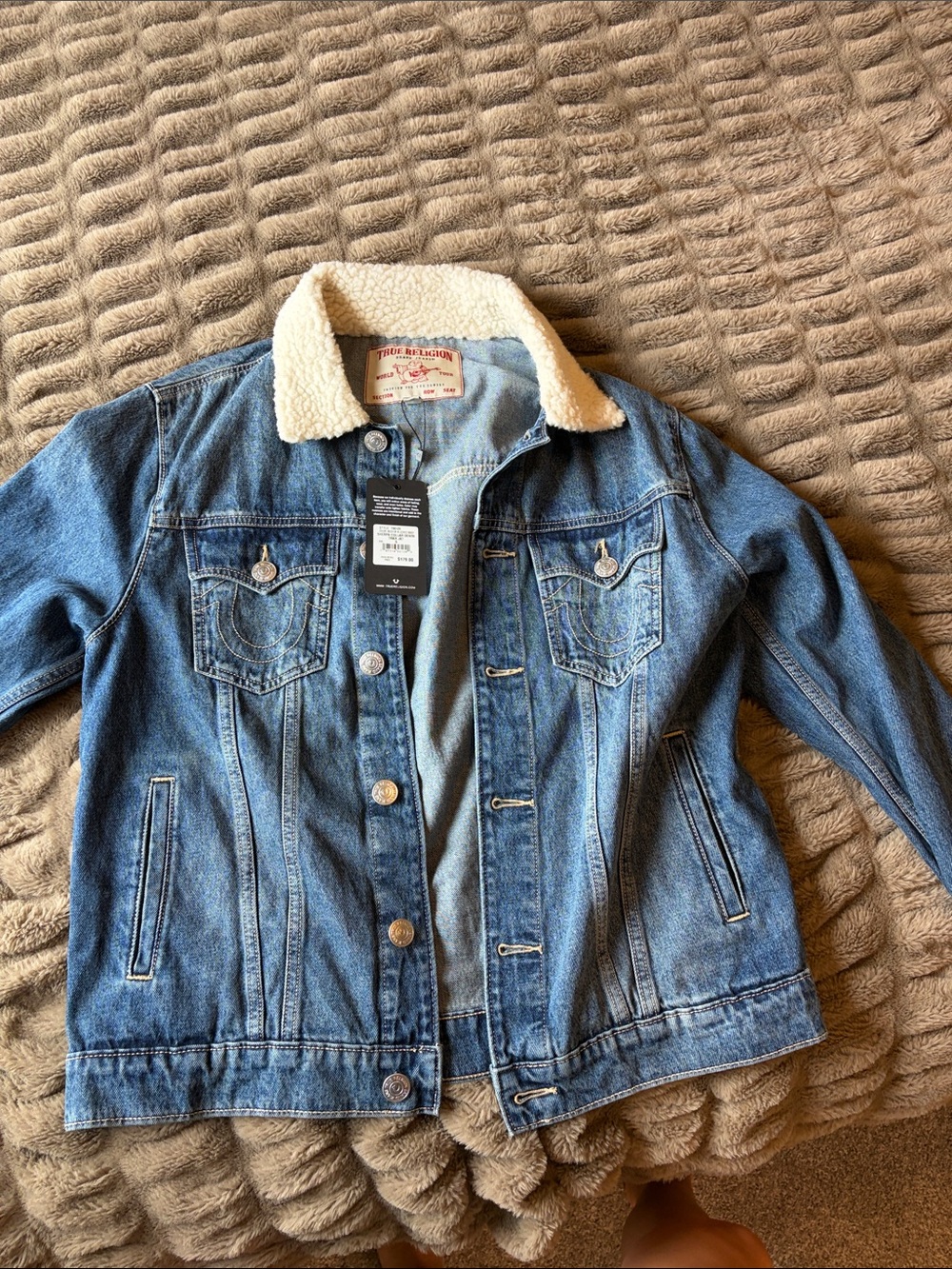 True Religion Blue Denim Jacket with Cream Sherpa Collar